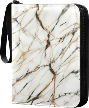 White Golden Marble Card Binder 4 Pocket Trading Card Album Fits 400 Sports/Game Cards, PU Cover 3 Ring Card Collection with 50 Removable Sleeves