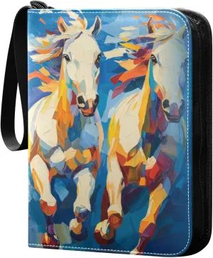 White Horses Running Oil Painting Cards Binder 4 Pocket Fits 400 Cards with 50 Removable Sleevesves, Trading Card Collector Zipper Album Holder Portable Card Games Display Storage Cases