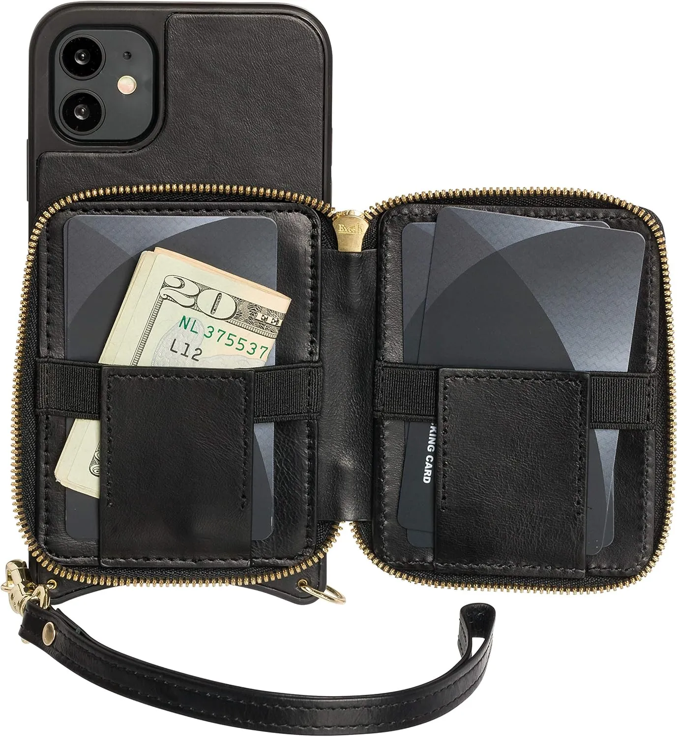 Wilken Crossbody Wallet and Purse Phone Case Compatible with iPhone 11 Pro | Includes a Wristlet and Shoulder Strap | Holds Cash and Credit Cards in Leather Zipper Pouch (11 Pro, Black)