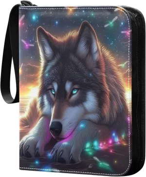 Wolf Colorful Fireflies Cards Binder 4 Pocket Fits 400 Cards with 50 Removable Sleevesves, Trading Card Collector Zipper Album Holder Portable Card Games Display Storage Cases