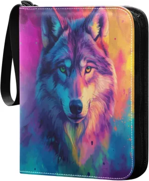 Wolf Colorful Oil Painting Cards Binder 4 Pocket Fits 400 Cards with 50 Removable Sleevesves, Trading Card Collector Zipper Album Holder Portable Card Games Display Storage Cases