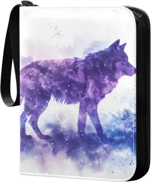 Wolves with Purple Painting Card Binder 4 Pocket Trading Card Binder Portable Cards Collection Book with Zipper