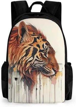 Women Men Polyester Abstract Tiger Painting Casual Daypack Large Capacity Bookbag With Side Pockets for Sports Picnic Walking Cycling