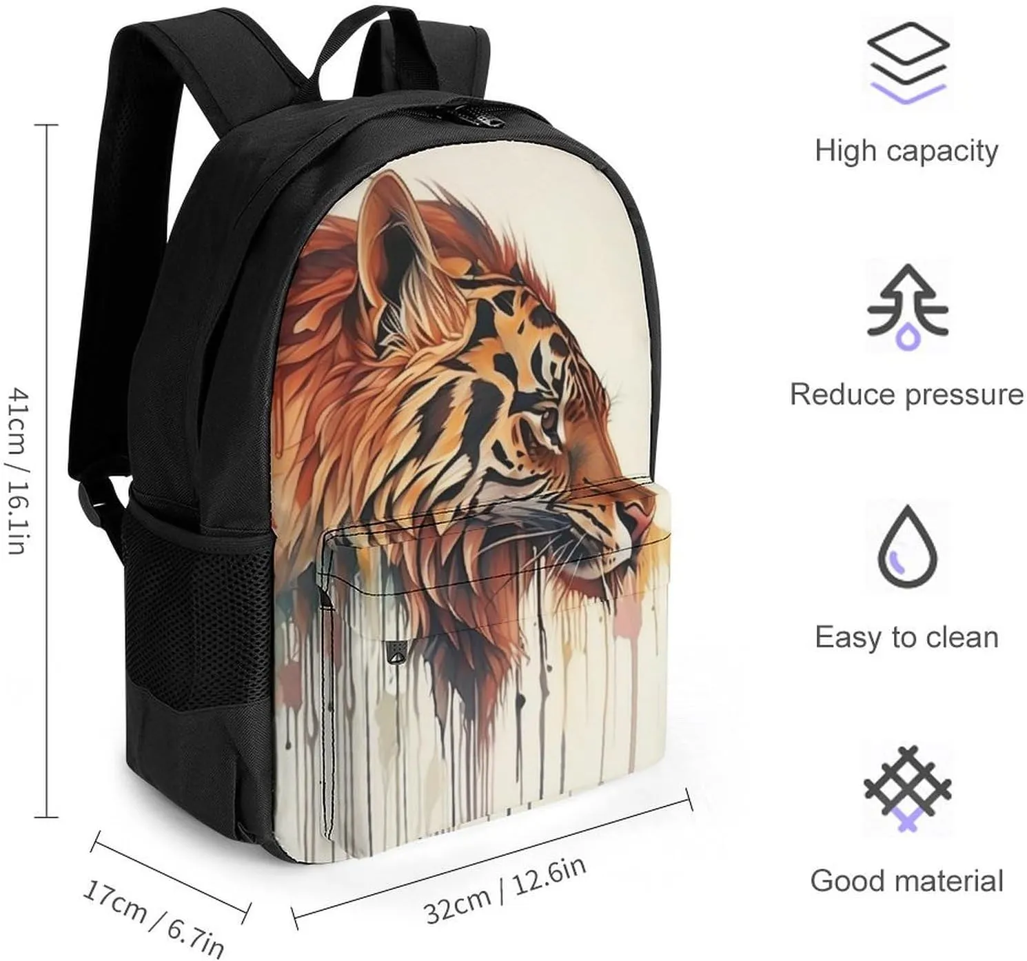 Women Men Polyester Abstract Tiger Painting Casual Daypack Large Capacity Bookbag With Side Pockets for Sports Picnic Walking Cycling