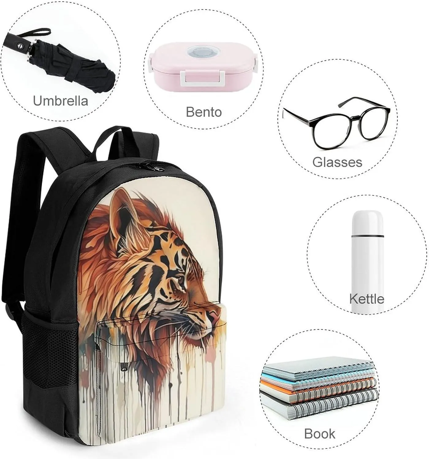 Women Men Polyester Abstract Tiger Painting Casual Daypack Large Capacity Bookbag With Side Pockets for Sports Picnic Walking Cycling