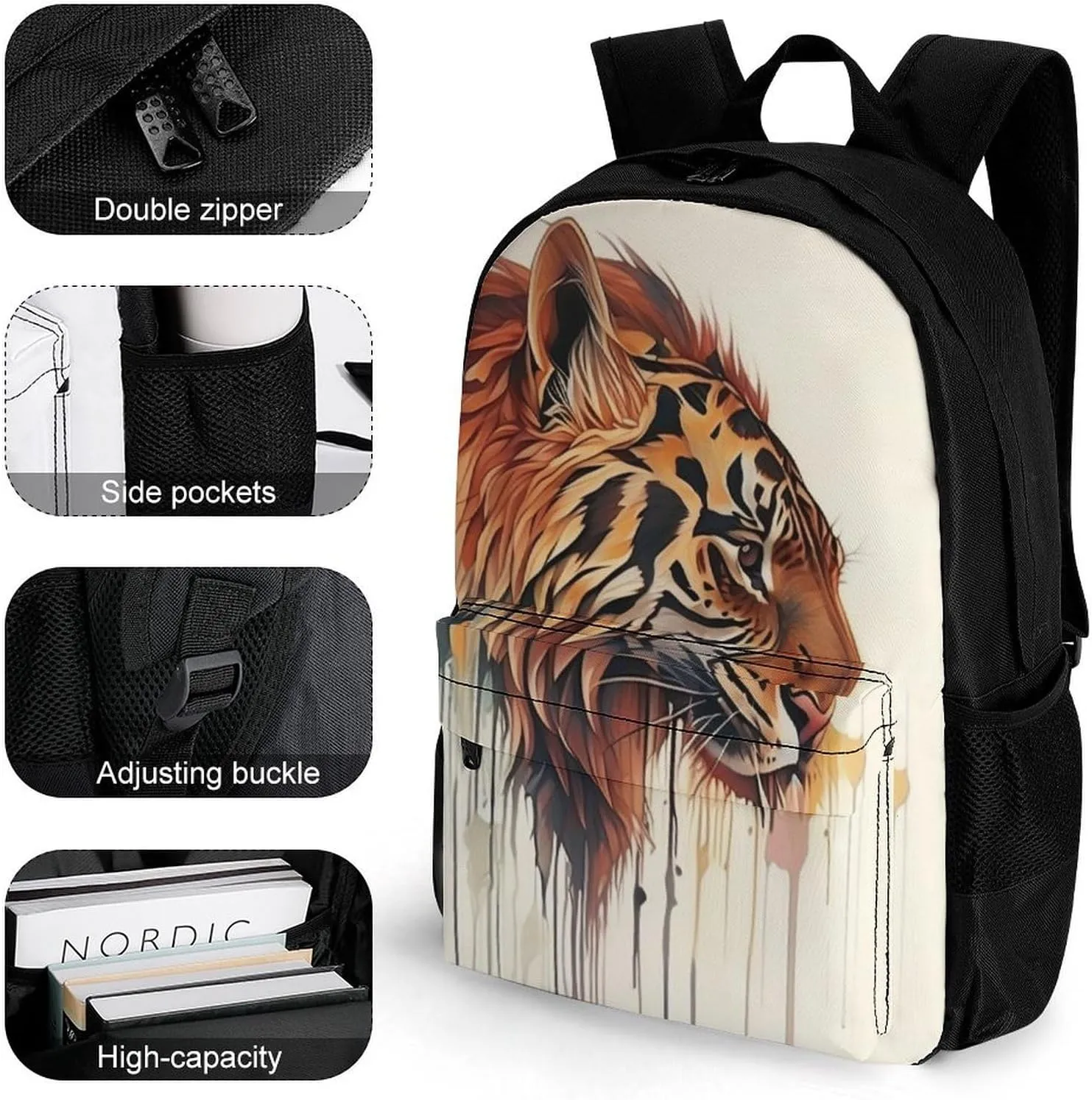 Women Men Polyester Abstract Tiger Painting Casual Daypack Large Capacity Bookbag With Side Pockets for Sports Picnic Walking Cycling