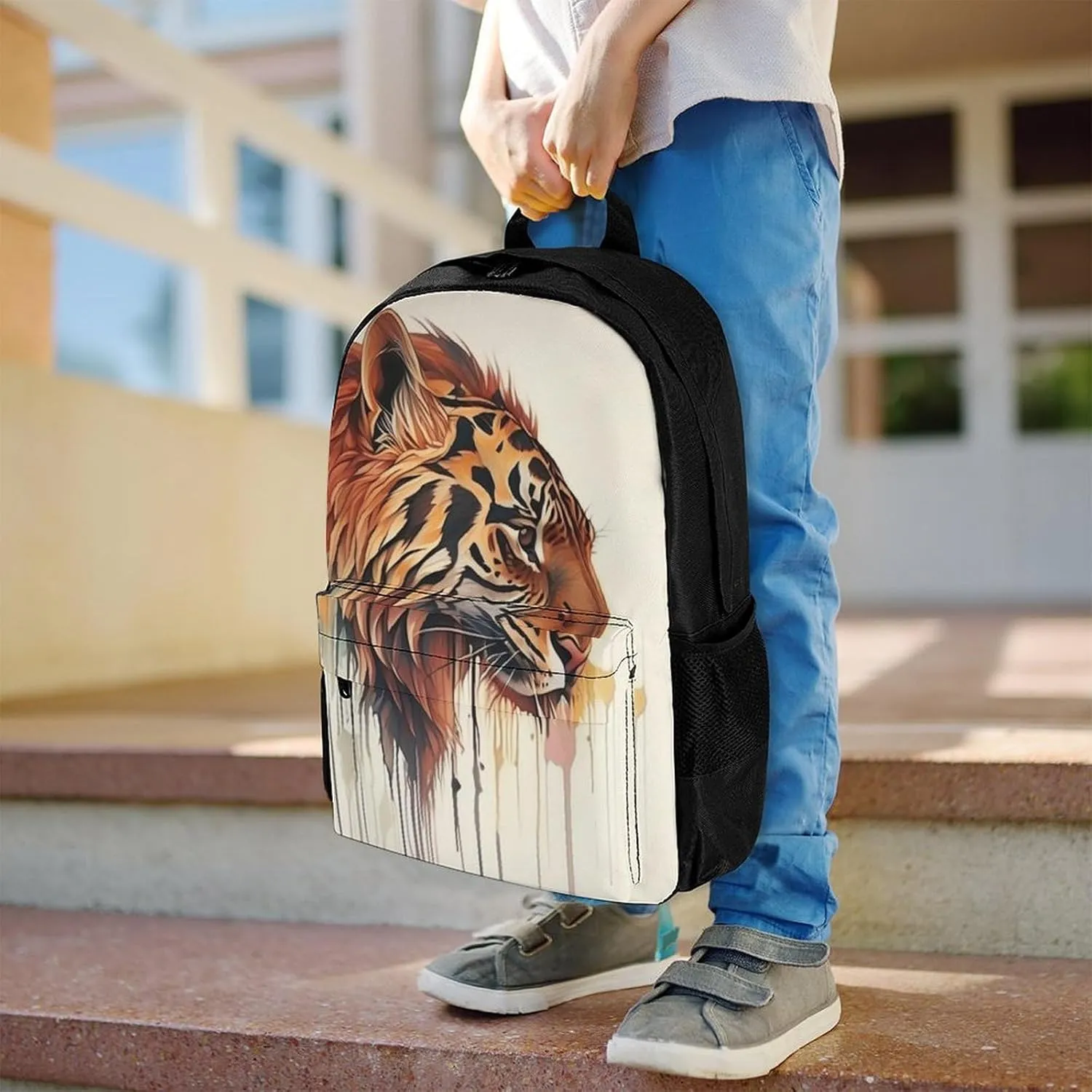Women Men Polyester Abstract Tiger Painting Casual Daypack Large Capacity Bookbag With Side Pockets for Sports Picnic Walking Cycling
