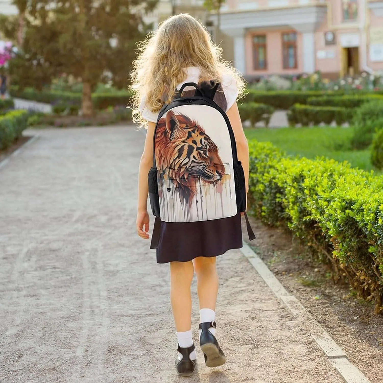 Women Men Polyester Abstract Tiger Painting Casual Daypack Large Capacity Bookbag With Side Pockets for Sports Picnic Walking Cycling