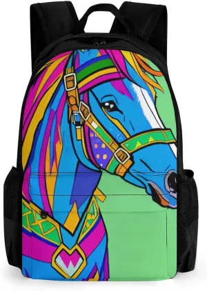 Women Men Polyester Colorful Horse Art Casual Daypack Large Capacity Bookbag With Side Pockets for Sports Picnic Walking Cycling