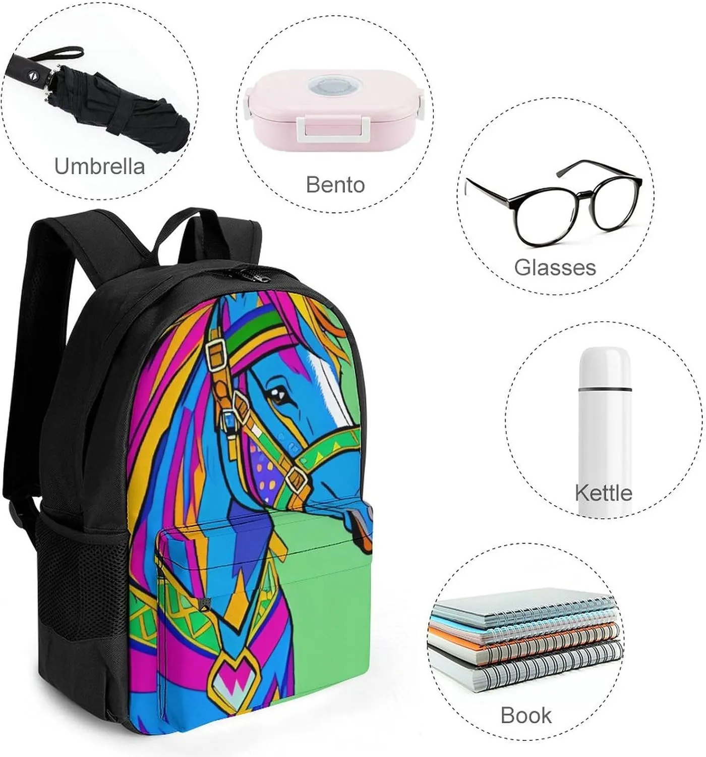 Women Men Polyester Colorful Horse Art Casual Daypack Large Capacity Bookbag With Side Pockets for Sports Picnic Walking Cycling