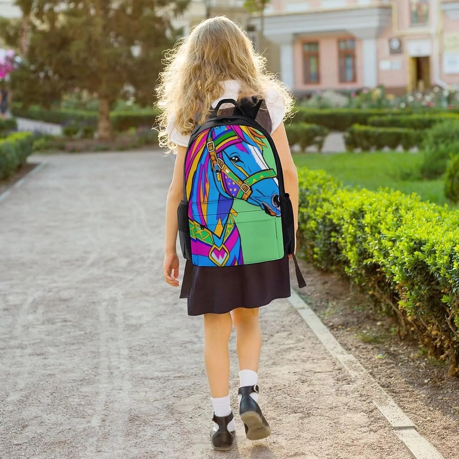 Women Men Polyester Colorful Horse Art Casual Daypack Large Capacity Bookbag With Side Pockets for Sports Picnic Walking Cycling