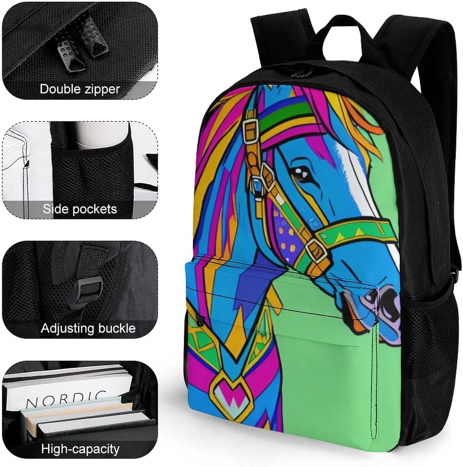 Women Men Polyester Colorful Horse Art Casual Daypack Large Capacity Bookbag With Side Pockets for Sports Picnic Walking Cycling