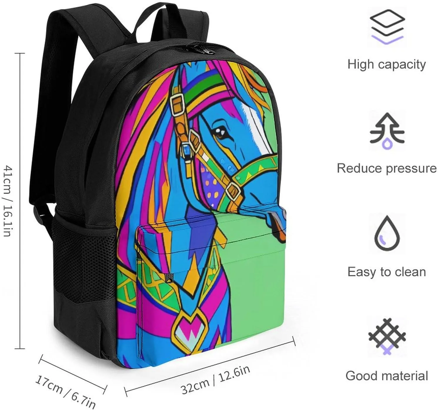 Women Men Polyester Colorful Horse Art Casual Daypack Large Capacity Bookbag With Side Pockets for Sports Picnic Walking Cycling