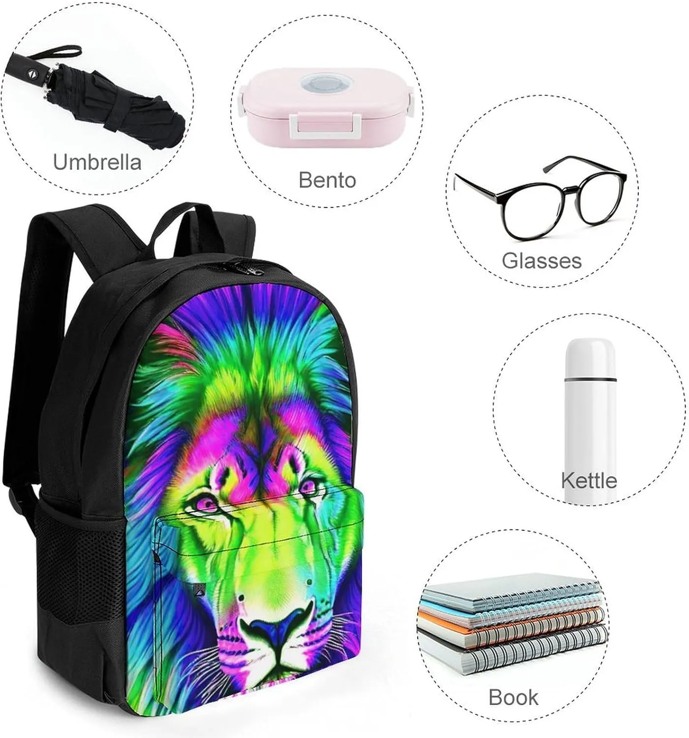 Women Men Polyester Psychedelic Lion Art Casual Daypack Large Capacity Bookbag With Side Pockets for Sports Picnic Walking Cycling