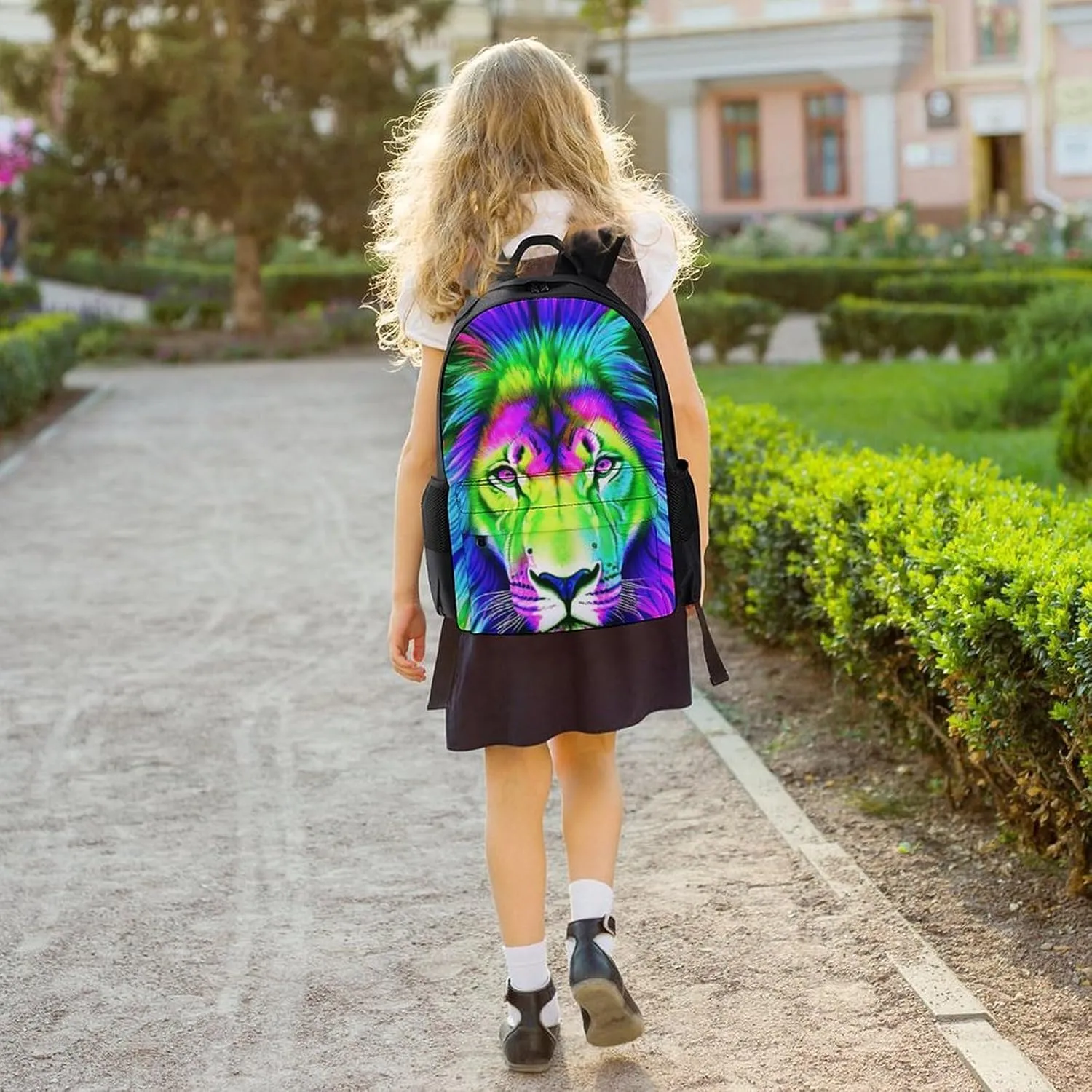 Women Men Polyester Psychedelic Lion Art Casual Daypack Large Capacity Bookbag With Side Pockets for Sports Picnic Walking Cycling