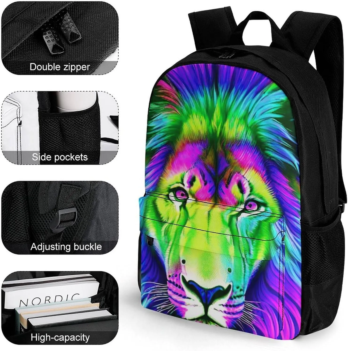 Women Men Polyester Psychedelic Lion Art Casual Daypack Large Capacity Bookbag With Side Pockets for Sports Picnic Walking Cycling