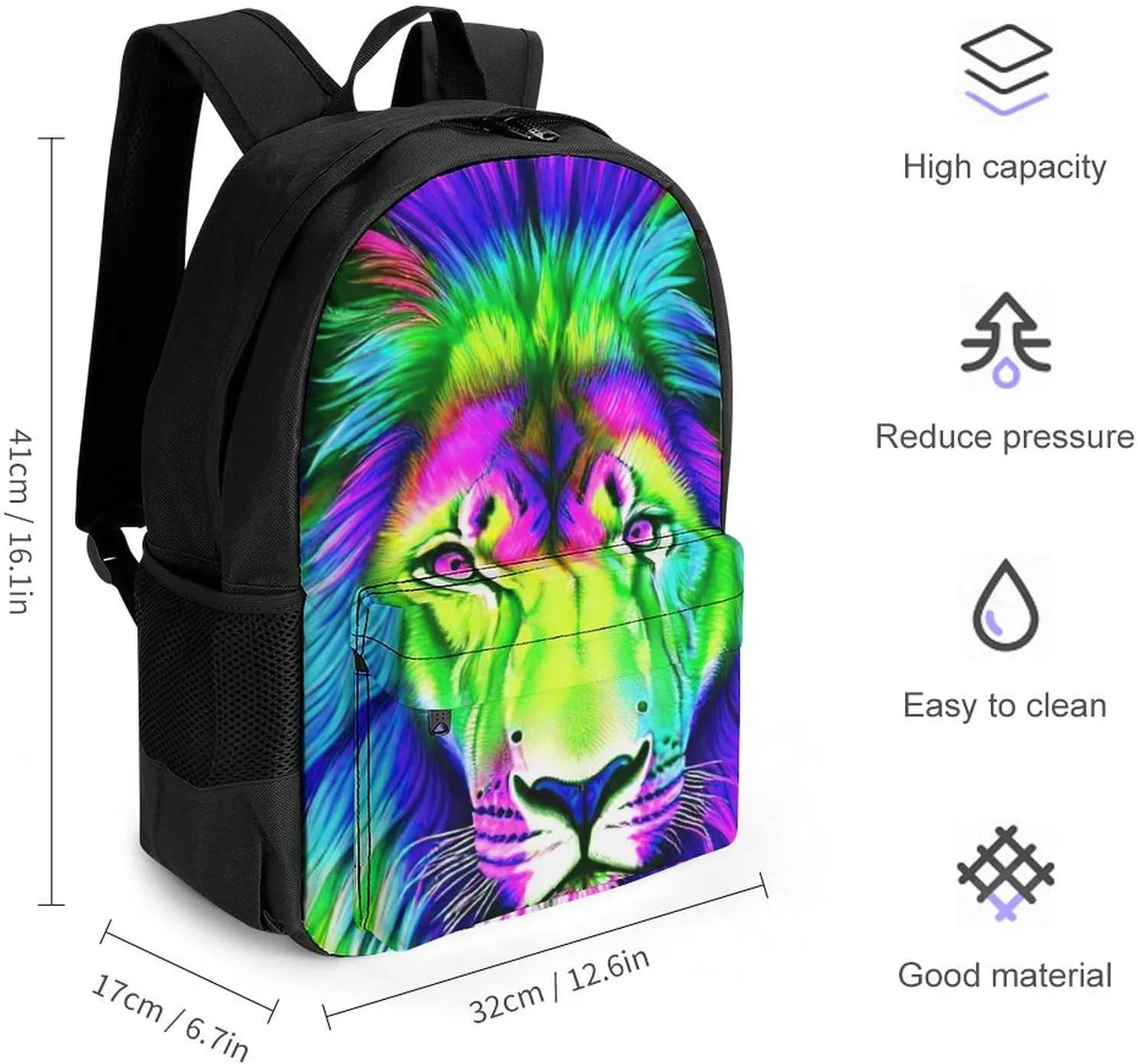 Women Men Polyester Psychedelic Lion Art Casual Daypack Large Capacity Bookbag With Side Pockets for Sports Picnic Walking Cycling