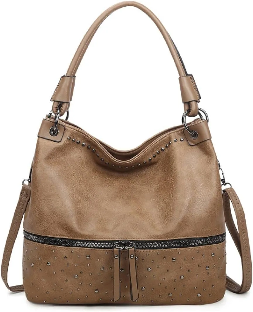 Women Tote Bag Rivets Handbags PU Leather Fashion Hobo Shoulder Bags with Adjustable Shoulder Strap
