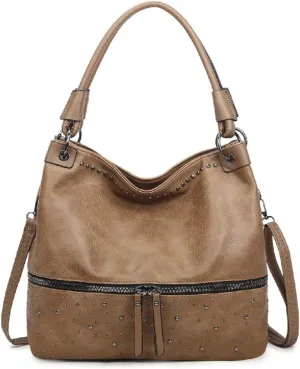 Women Tote Bag Rivets Handbags PU Leather Fashion Hobo Shoulder Bags with Adjustable Shoulder Strap