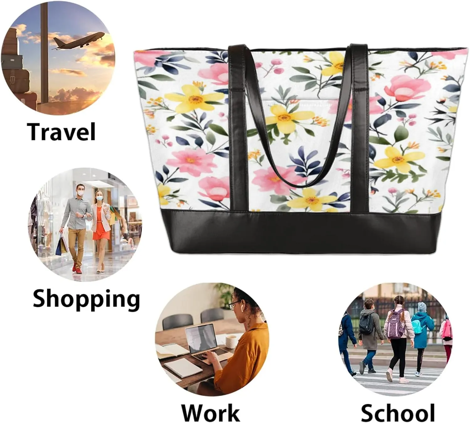 Women Tote Bag with Zipper, Shopper Handbag Travel Purse, PU Leather Laptop Tote Bags, Weekender Tote Bags
