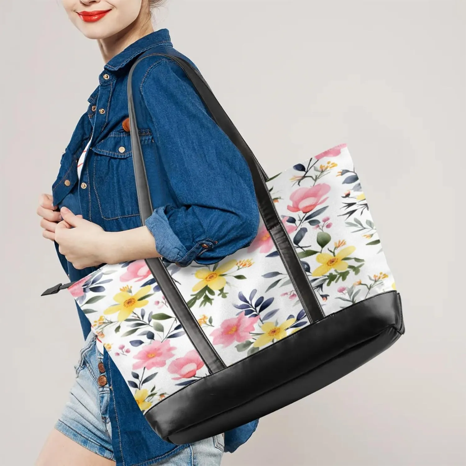 Women Tote Bag with Zipper, Shopper Handbag Travel Purse, PU Leather Laptop Tote Bags, Weekender Tote Bags