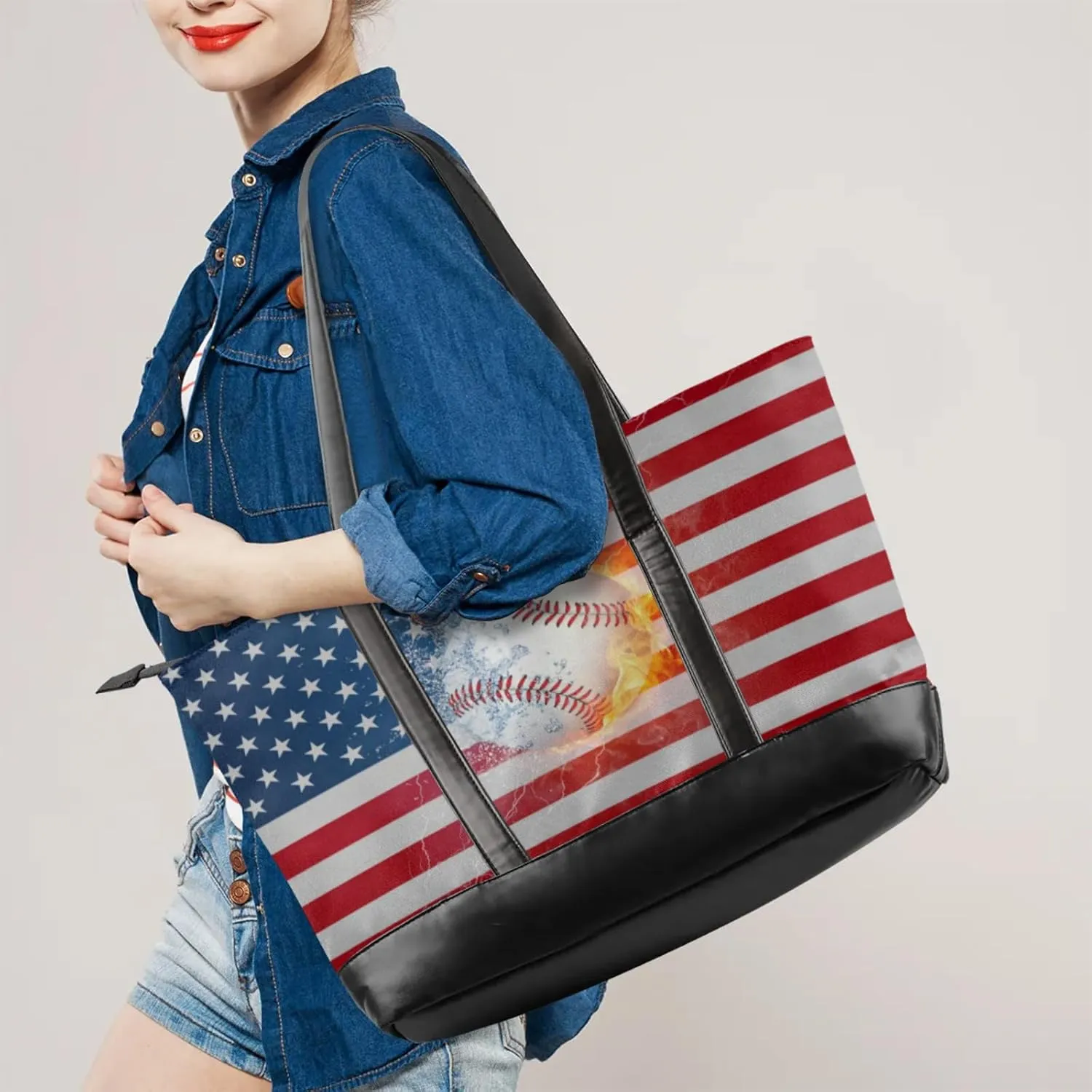 Women Tote Bag with Zipper, Shopper Handbag Travel Purse, PU Leather Laptop Tote Bags, Weekender Tote Bags