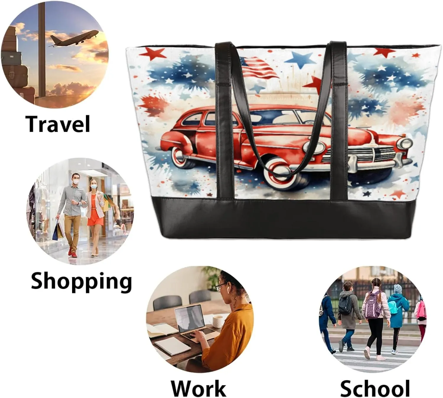 Women Tote Bag with Zipper, Shopper Handbag Travel Purse, PU Leather Laptop Tote Bags, Weekender Tote Bags