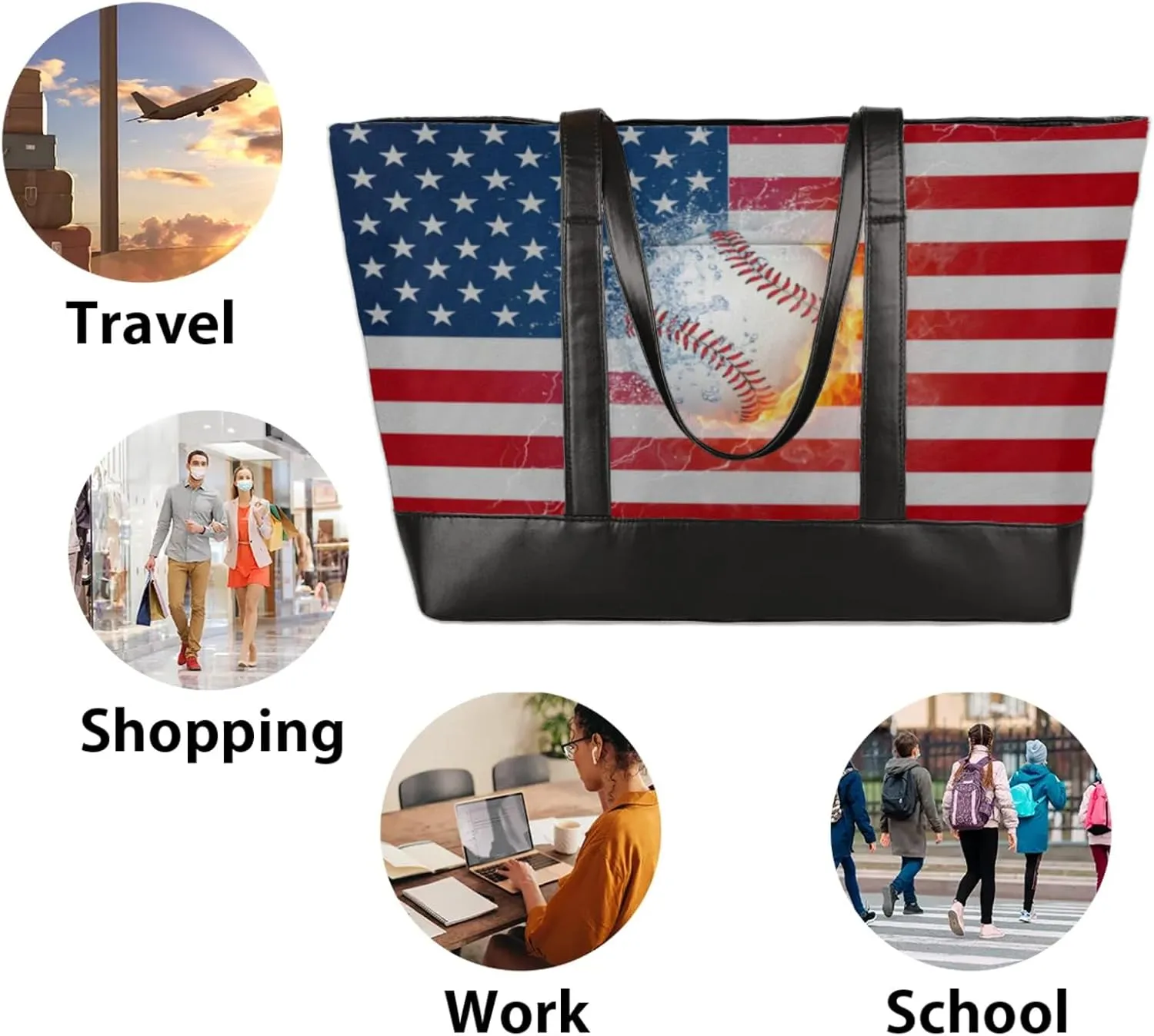 Women Tote Bag with Zipper, Shopper Handbag Travel Purse, PU Leather Laptop Tote Bags, Weekender Tote Bags