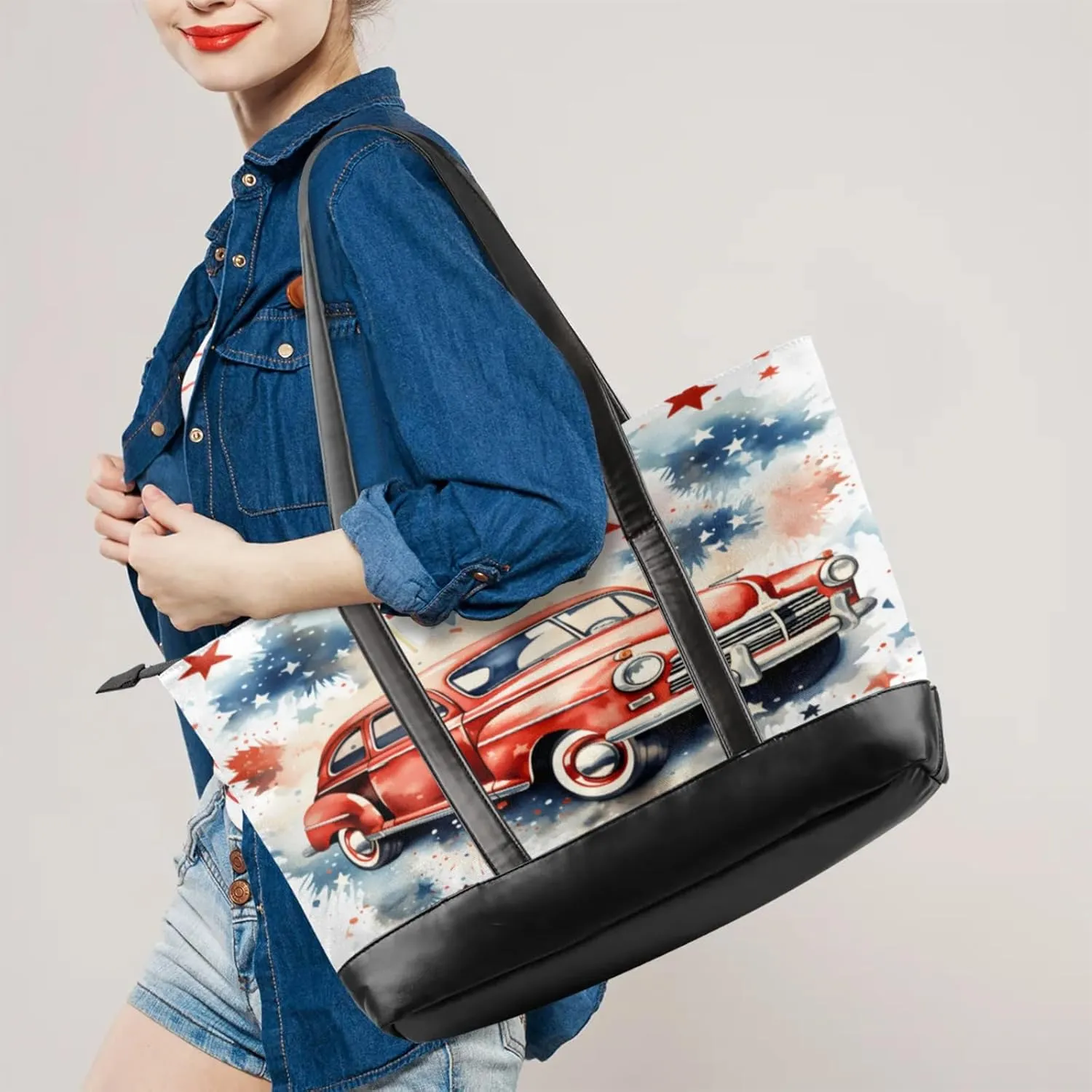 Women Tote Bag with Zipper, Shopper Handbag Travel Purse, PU Leather Laptop Tote Bags, Weekender Tote Bags