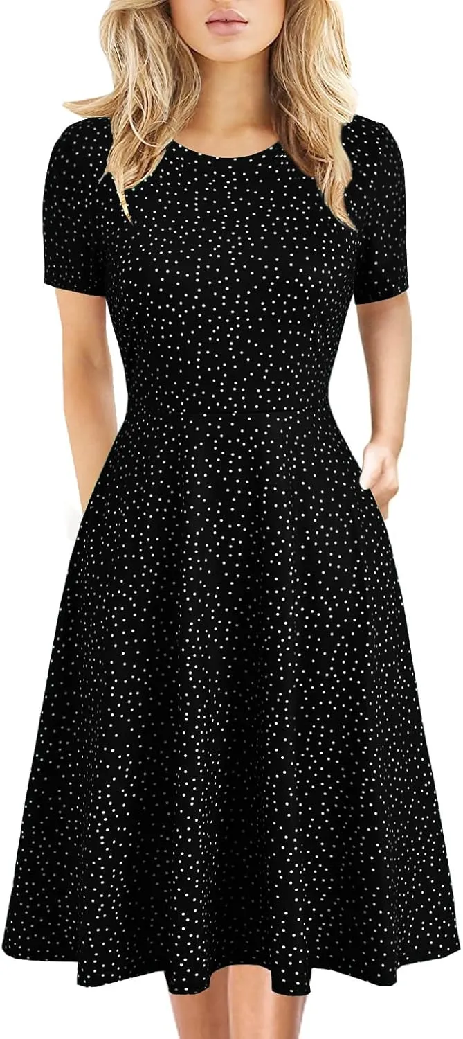 Women's Elegant Vintage 50s Office Casual Floral Print Work Party A-Line Swing Dress with Pockets 162