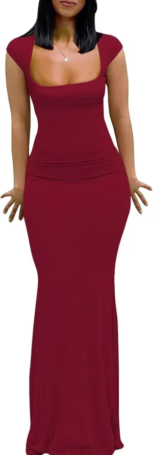 Womens Summer Cap Sleeve Square Neck Elegant Casual Lounge Bodycon Slim Maxi Evening Party Long Dress