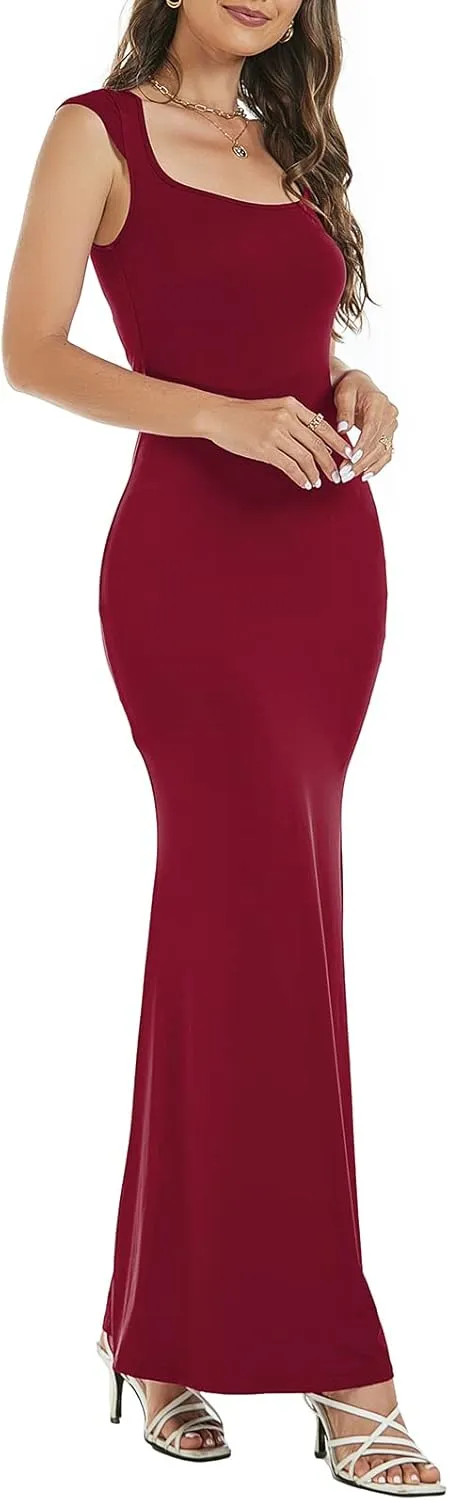 Womens Summer Cap Sleeve Square Neck Elegant Casual Lounge Bodycon Slim Maxi Evening Party Long Dress