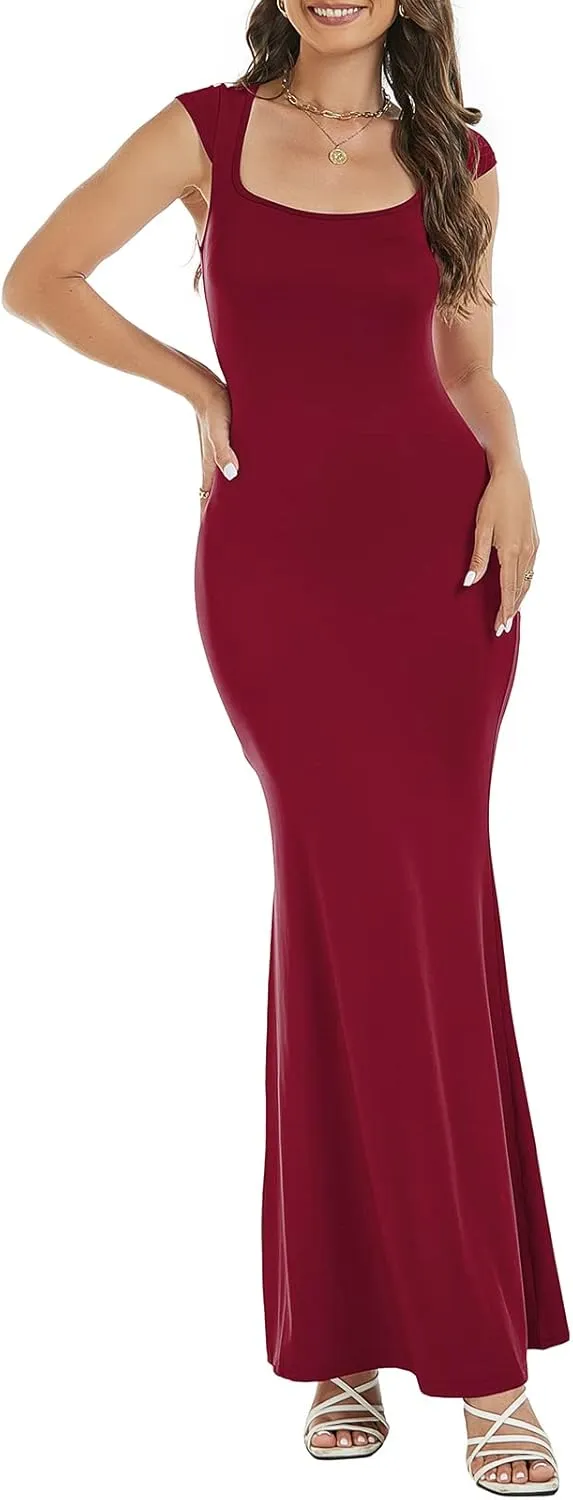 Womens Summer Cap Sleeve Square Neck Elegant Casual Lounge Bodycon Slim Maxi Evening Party Long Dress