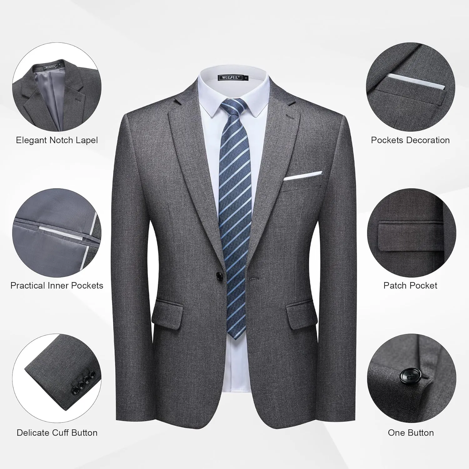 WULFUL Men's 2 Piece Slim Fit Suit Set One Button Blazer Jacket Pants Tuxedo Set for Party, Wedding and Business