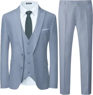 WULFUL Men's 3 Piece Slim Fit Suit Set Two Button Blazer Jacket Vest Pants Tuxedo Set for Party, Wedding and Business