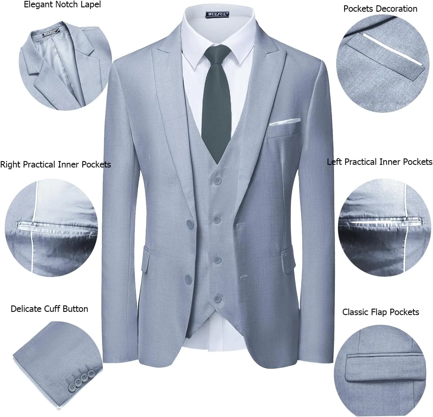 WULFUL Men's 3 Piece Slim Fit Suit Set Two Button Blazer Jacket Vest Pants Tuxedo Set for Party, Wedding and Business