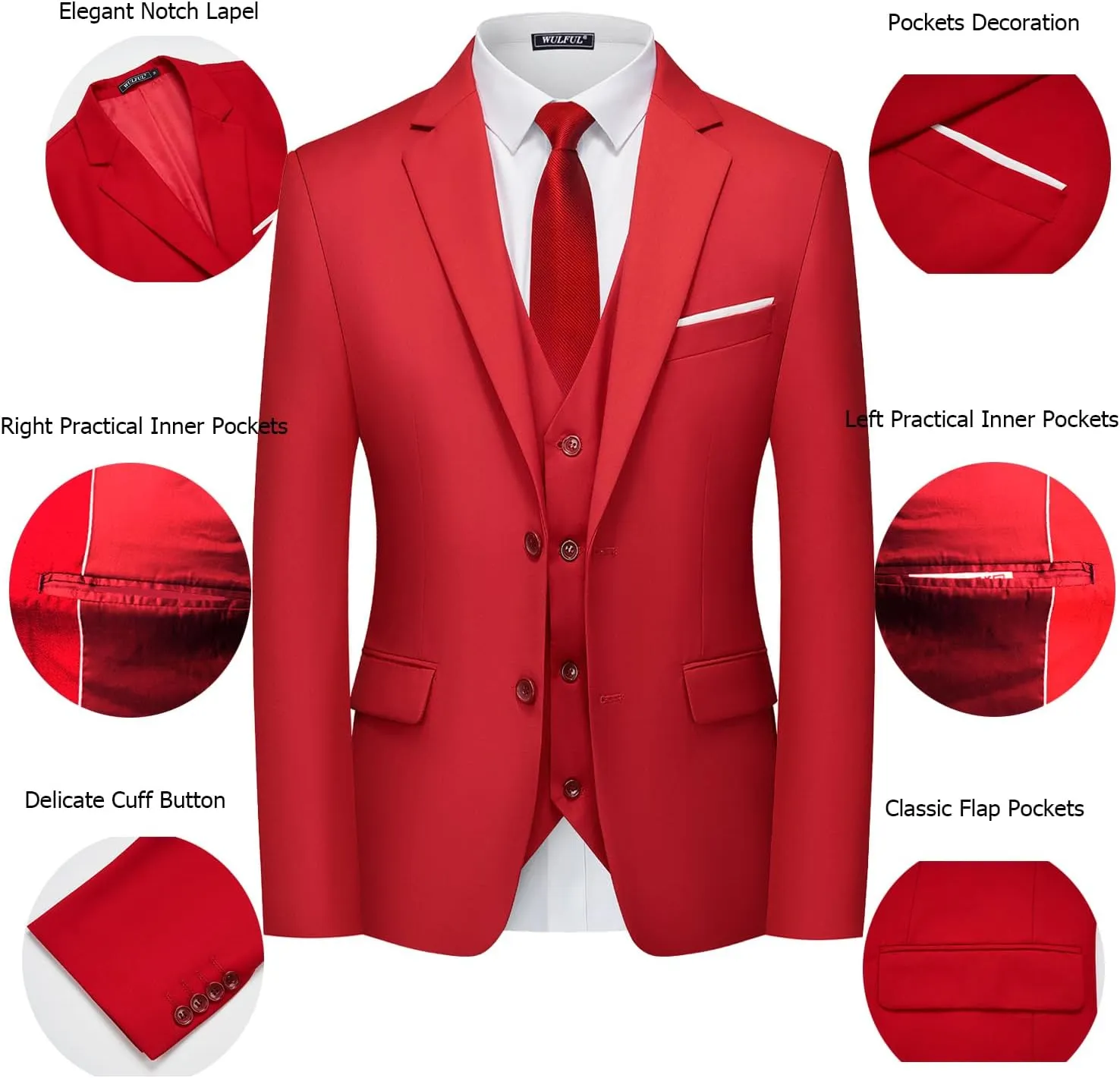 WULFUL Men's 3 Piece Slim Fit Suit Set Two Button Blazer Jacket Vest Pants Tuxedo Set for Party, Wedding and Business