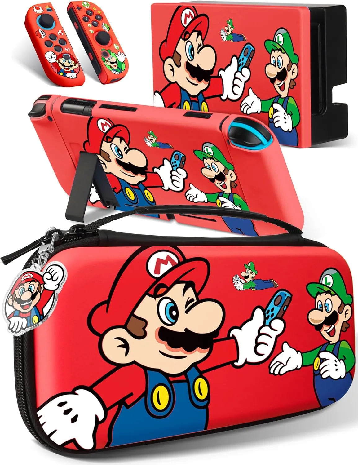 Xcitifun Carrying Case Compatible with Nintendo Switch for Joycon Case & Dock Cover & Travel Bag & Keychain 7 in 1 Accessories Kit Set Switch Protective Carry Cases for Boys Girls Kids - Red Friends