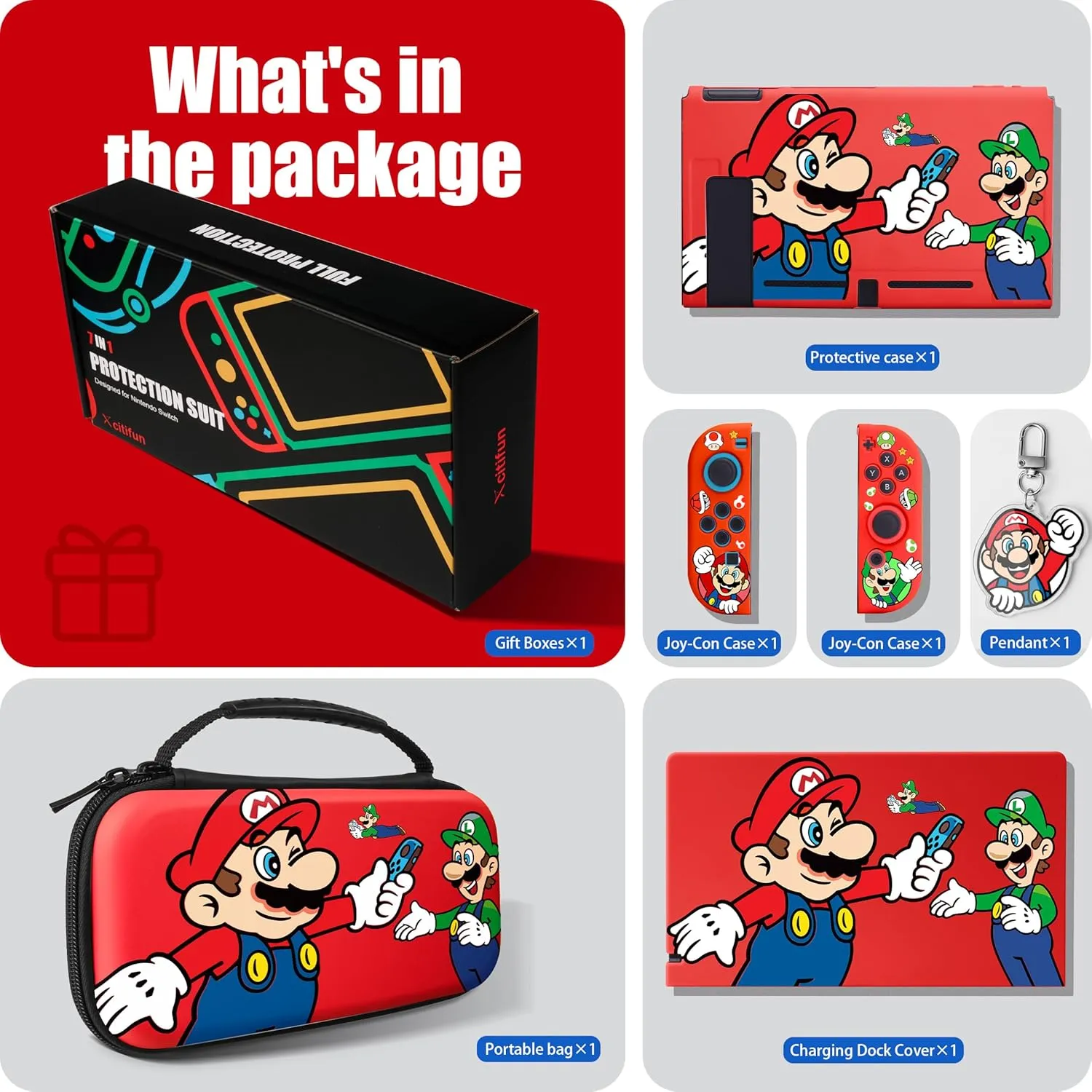 Xcitifun Carrying Case Compatible with Nintendo Switch for Joycon Case & Dock Cover & Travel Bag & Keychain 7 in 1 Accessories Kit Set Switch Protective Carry Cases for Boys Girls Kids - Red Friends
