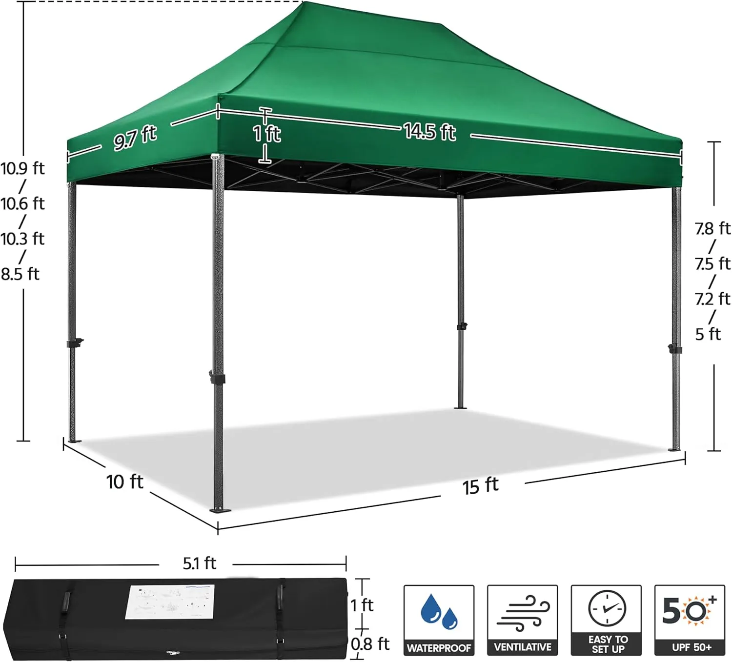 Yaheetech Heavy Duty Pop Up Canopy Tent, 10x15 Commercial Instant Shelter Tent, Outdoor Adjustable Canopy with Wheeled Bag, 4 Sandbags & 8 Stakes, Dark Green