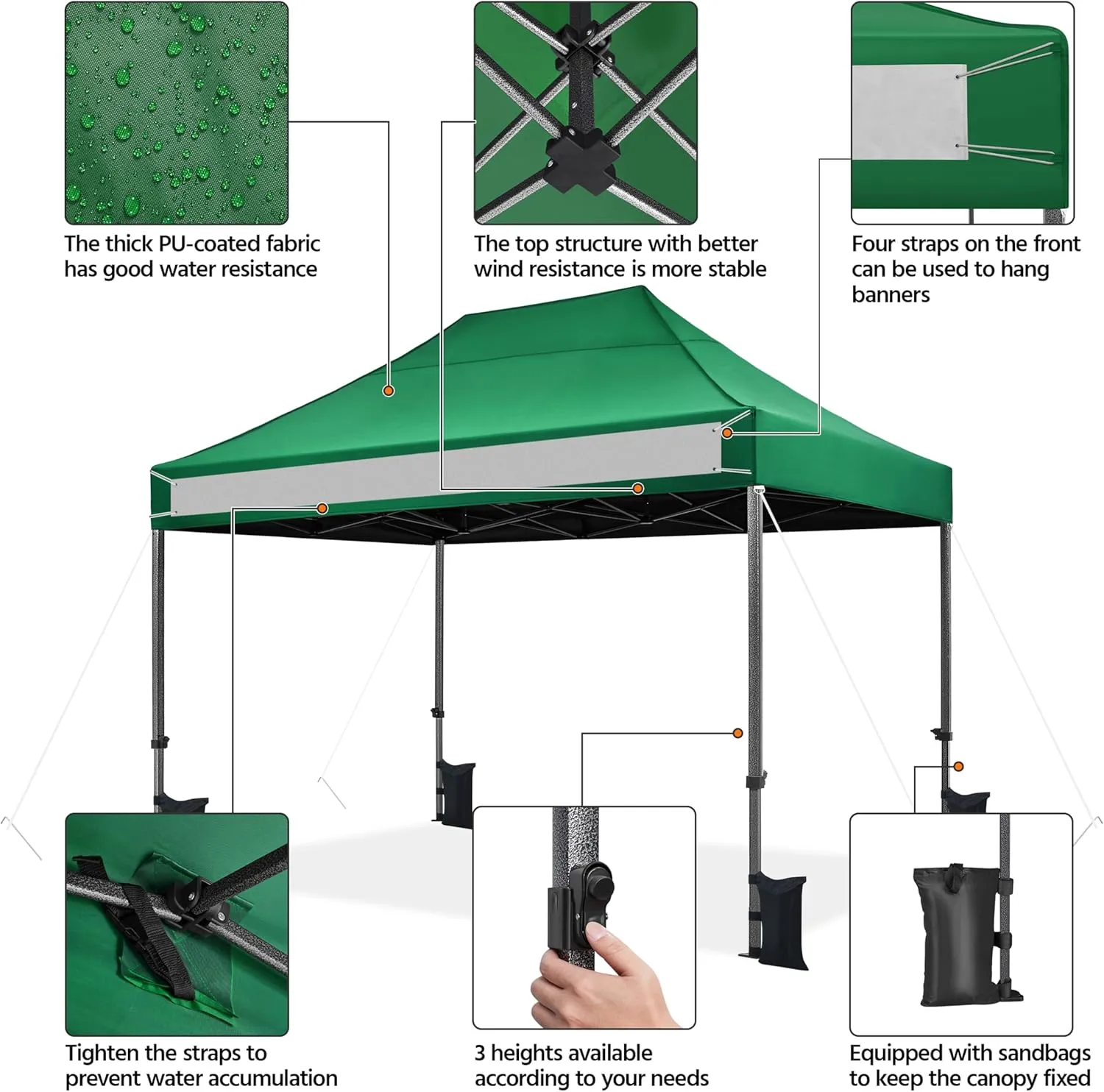 Yaheetech Heavy Duty Pop Up Canopy Tent, 10x15 Commercial Instant Shelter Tent, Outdoor Adjustable Canopy with Wheeled Bag, 4 Sandbags & 8 Stakes, Dark Green