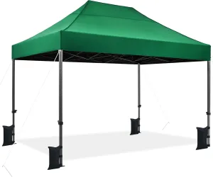 Yaheetech Heavy Duty Pop Up Canopy Tent, 10x15 Commercial Instant Shelter Tent, Outdoor Adjustable Canopy with Wheeled Bag, 4 Sandbags & 8 Stakes, Dark Green