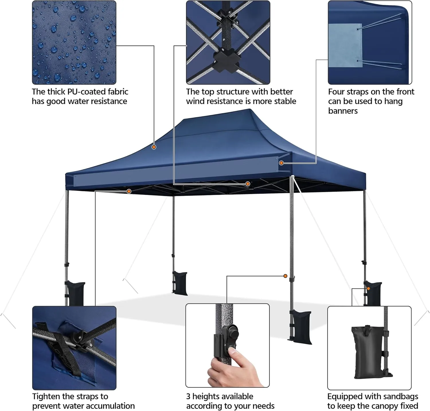 Yaheetech Heavy Duty Pop Up Canopy Tent, 10x15 Commercial Instant Shelter Tent, Outdoor Adjustable Canopy with Wheeled Bag, 4 Sandbags & 8 Stakes, Navy Blue