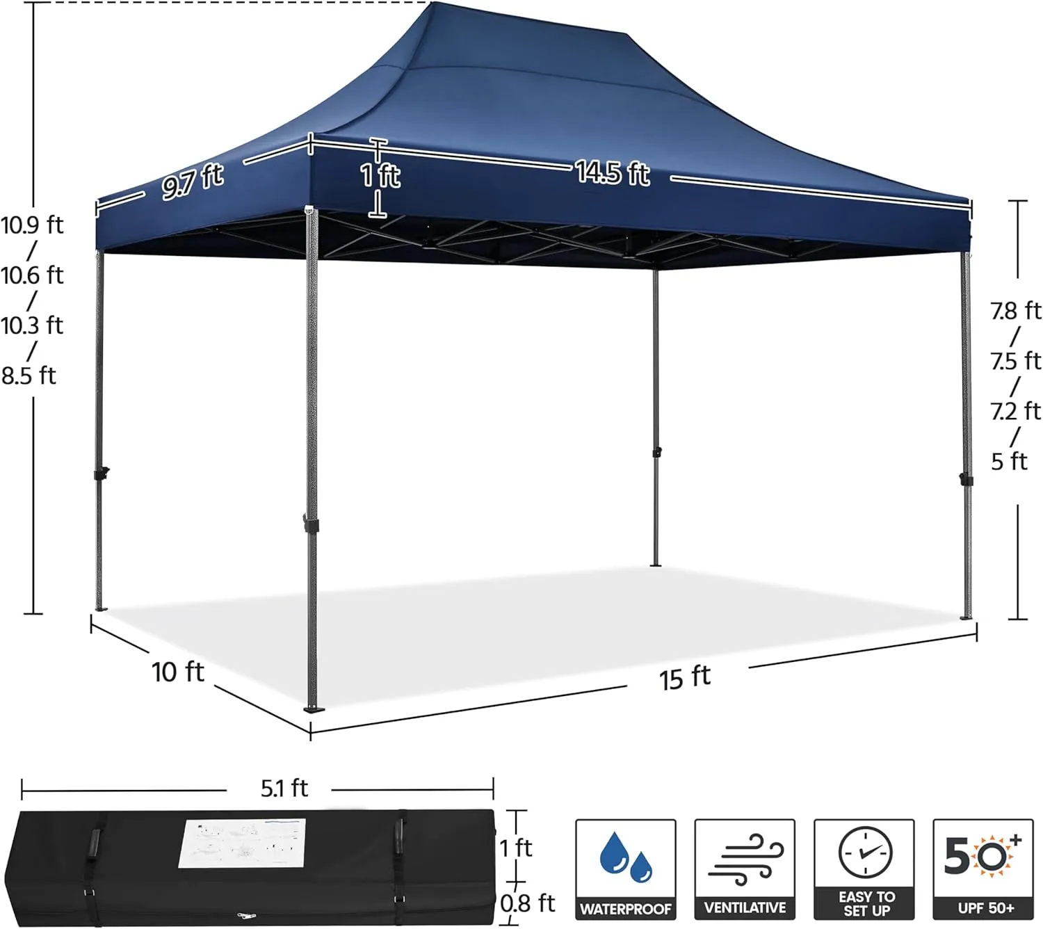 Yaheetech Heavy Duty Pop Up Canopy Tent, 10x15 Commercial Instant Shelter Tent, Outdoor Adjustable Canopy with Wheeled Bag, 4 Sandbags & 8 Stakes, Navy Blue