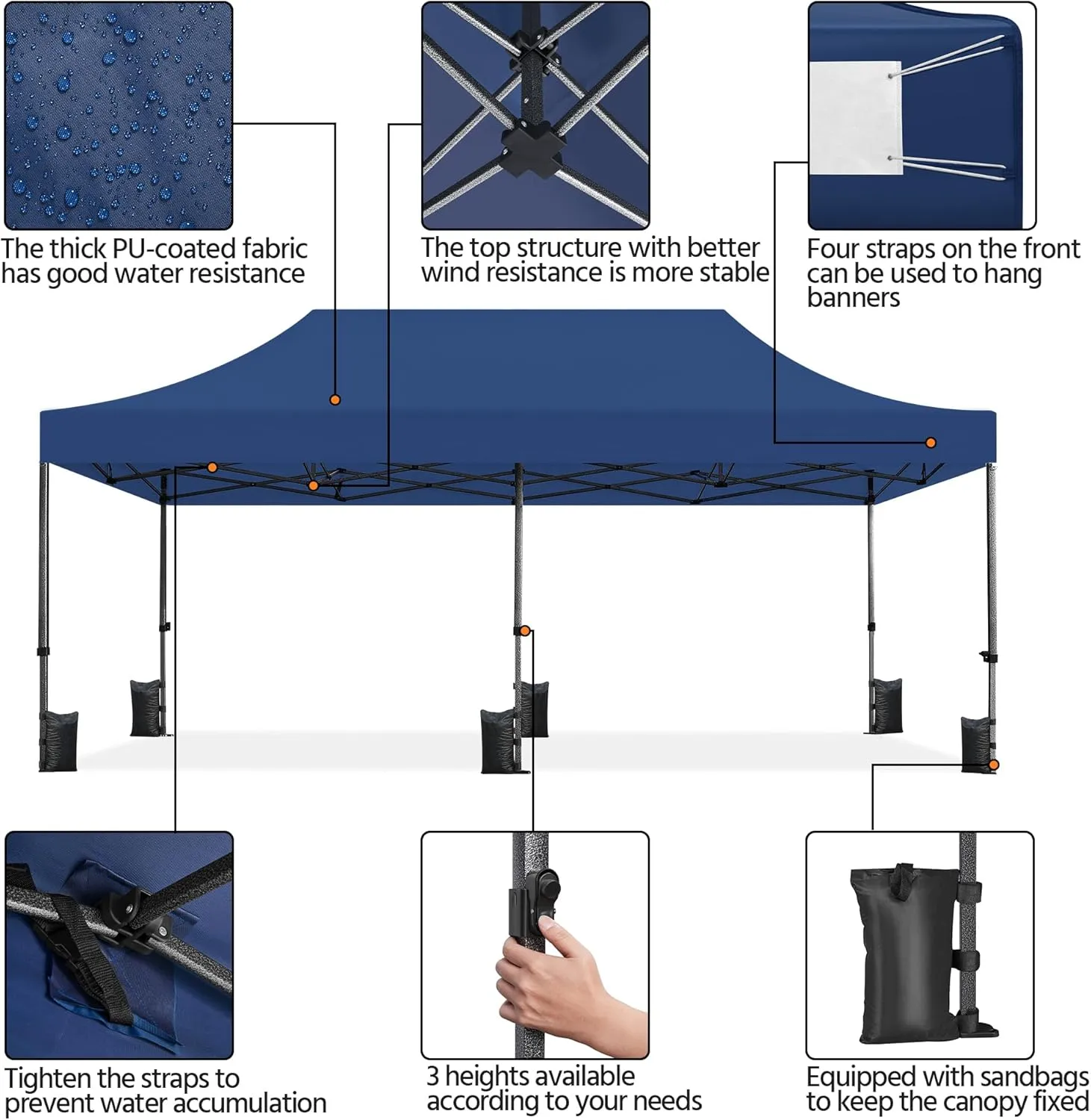 Yaheetech Heavy Duty Pop Up Canopy Tent, 10x20 Commercial Instant Shelter Tent for Wedding, Parties, Adjustable Outdoor Canopy with Wheeled Carry Bag, 6 Sandbags & 10 Stakes, Navy Blue