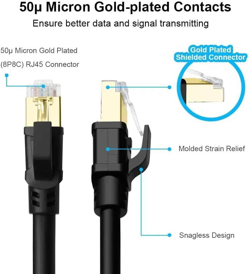 Yauhody CAT 8 Ethernet Cable 50 ft, High Speed 40Gbps 2000MHz SFTP Internet Network LAN Wire Cables with Gold Plated RJ45 Connector for Gaming, Router, Modem, PC, Switches, Hub, Laptop (50ft, Black)