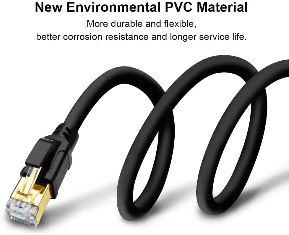Yauhody CAT 8 Ethernet Cable 50 ft, High Speed 40Gbps 2000MHz SFTP Internet Network LAN Wire Cables with Gold Plated RJ45 Connector for Gaming, Router, Modem, PC, Switches, Hub, Laptop (50ft, Black)