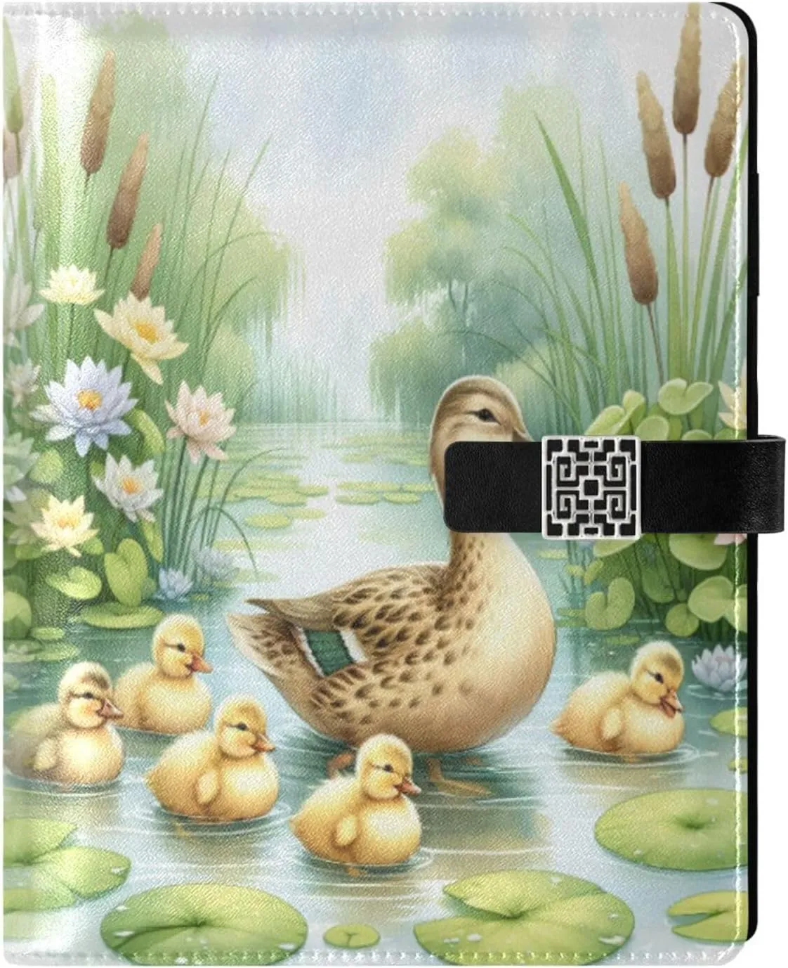 Yellow Duck Family A5 Binder 6 Ring Refillable PU Leather Notebook Journal with Magnetic Buckle Closure Loose Leaf Travel Office Planner Budget Binder Notepad Portfolio, Swimming Lake