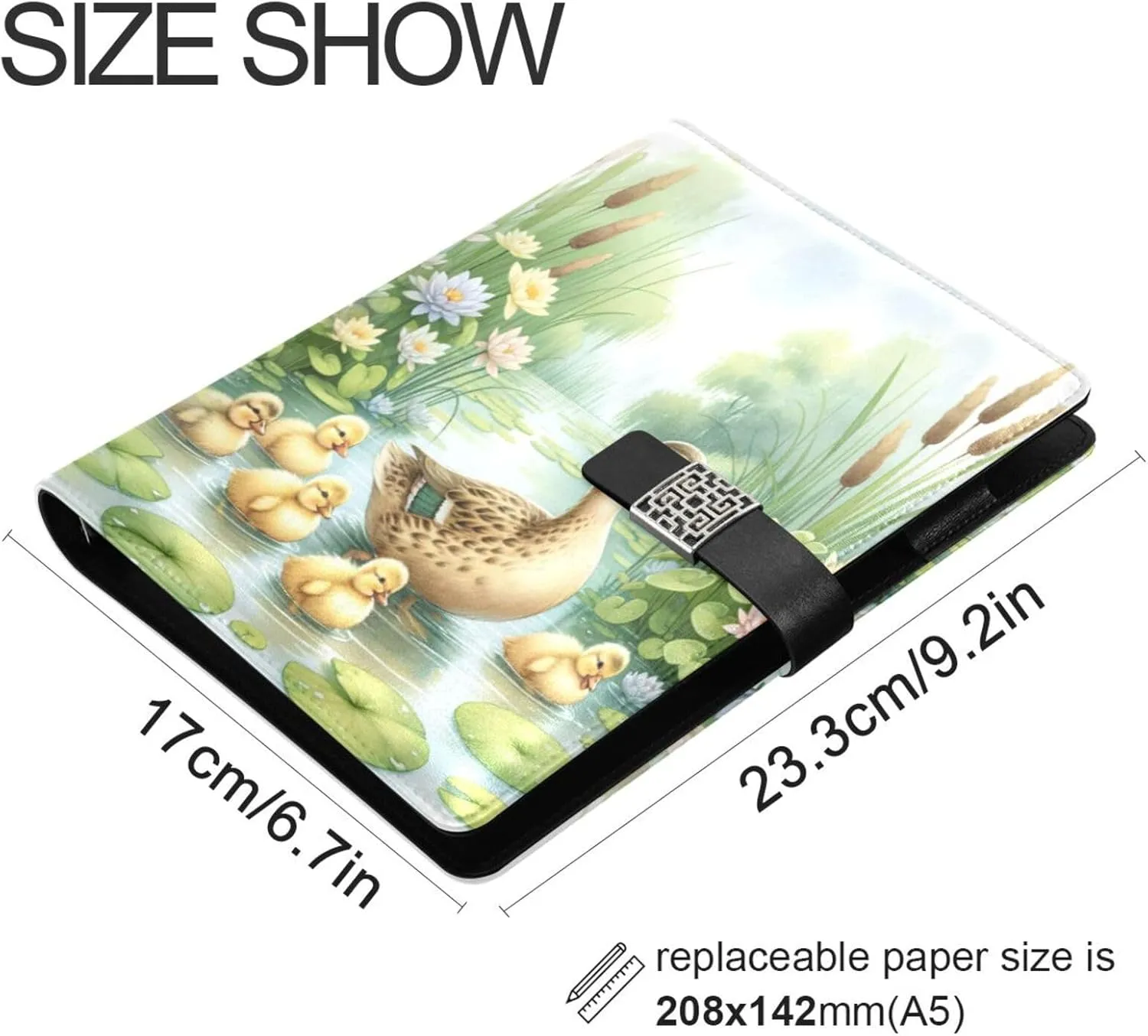 Yellow Duck Family A5 Binder 6 Ring Refillable PU Leather Notebook Journal with Magnetic Buckle Closure Loose Leaf Travel Office Planner Budget Binder Notepad Portfolio, Swimming Lake