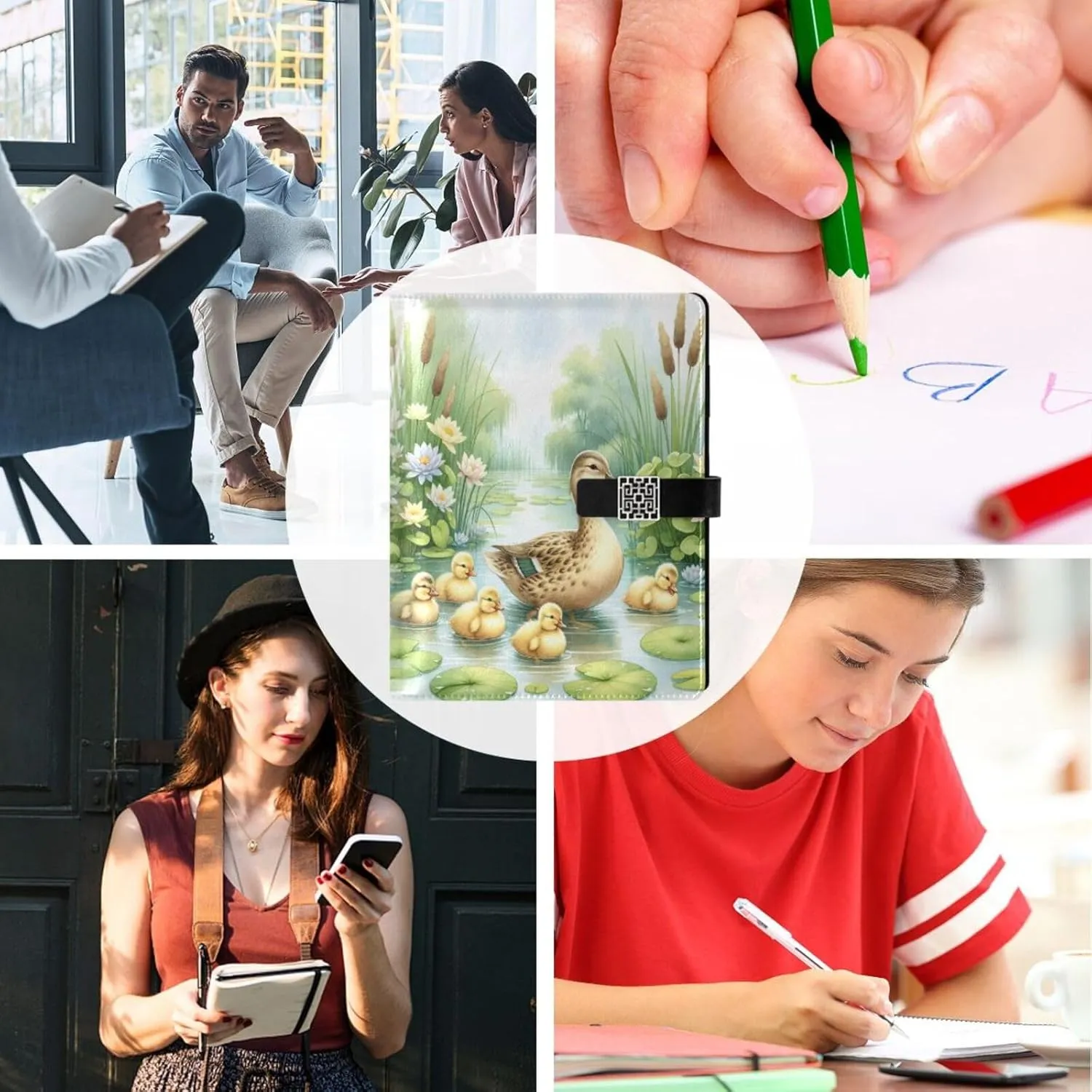 Yellow Duck Family A5 Binder 6 Ring Refillable PU Leather Notebook Journal with Magnetic Buckle Closure Loose Leaf Travel Office Planner Budget Binder Notepad Portfolio, Swimming Lake